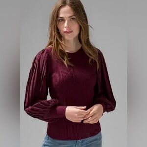 White House Black Market Burgundy Balloon Sleeve Crew Neck Sweater